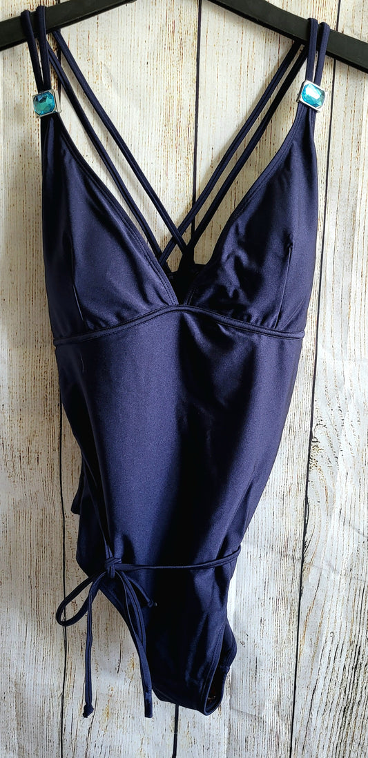 Navy blue embellished one piece swimming costume
