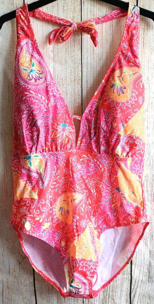 Bright Pink Tropical Halterneck Swimming Costume.